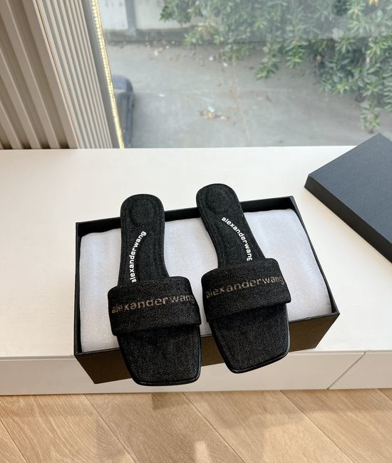 Alexander Wang Leather And Denim Flat Sandals Slip On