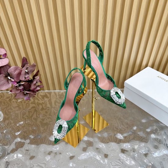 Amina Muaddi Lace Upper Cinderella Heel Sheepskin Lining Leather Sole