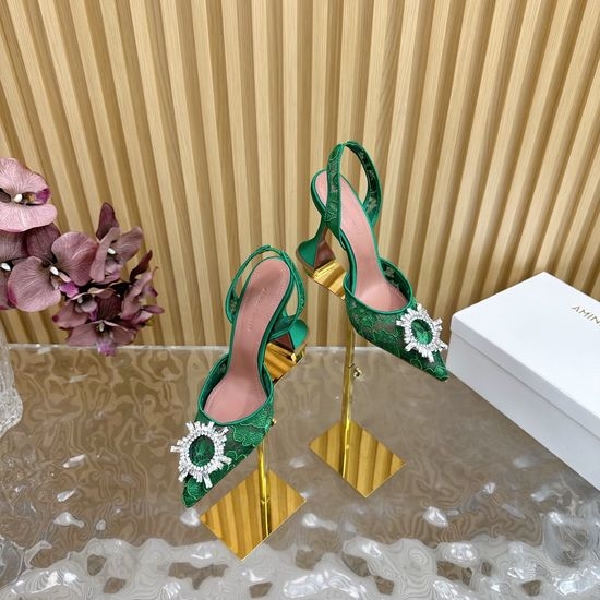 Amina Muaddi Lace Upper Cinderella Heel Sheepskin Lining Leather Sole