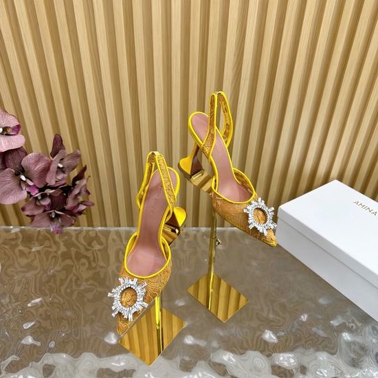 Amina Muaddi Lace Upper Cinderella Heel Sheepskin Lining Leather Sole