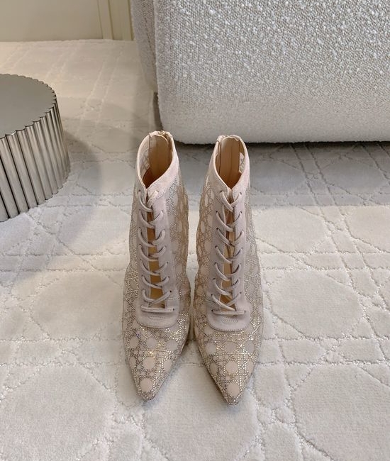 Christian Dior CD Rhinestone Mesh High Heel Ankle Boots with Leather Sole