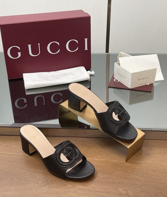 Gucci Hollow Out Embellished Mid Heel Open Toe Slides