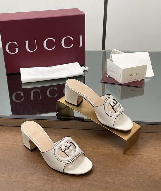 Gucci Hollow Out Embellished Mid Heel Open Toe Slides