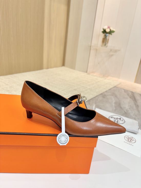 Hermes Yellow Brown Lambskin Leather Sole Low Heel Shoes