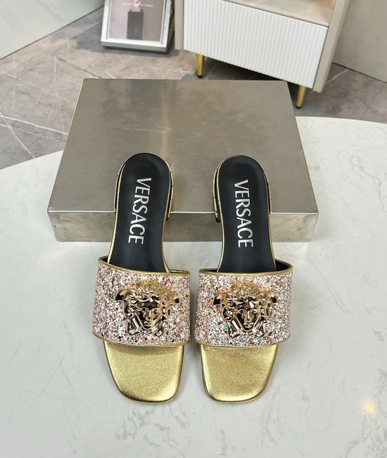 Versace Glitter Flat Slide Sandals With Sheepskin Lining