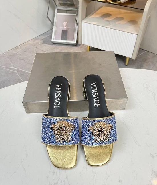 Versace Glitter Flat Slide Sandals With Sheepskin Lining