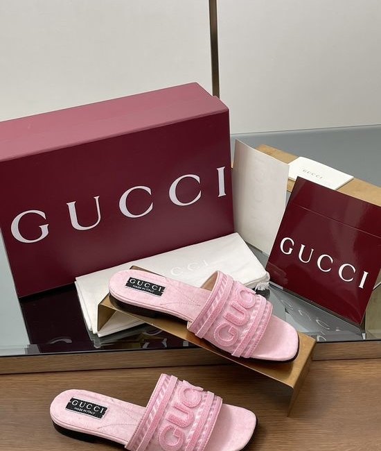 Gucci Embroidered Denim Open Toe Casual Flat Slides