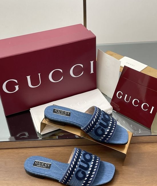 Gucci Embroidered Denim Open Toe Casual Flat Slides