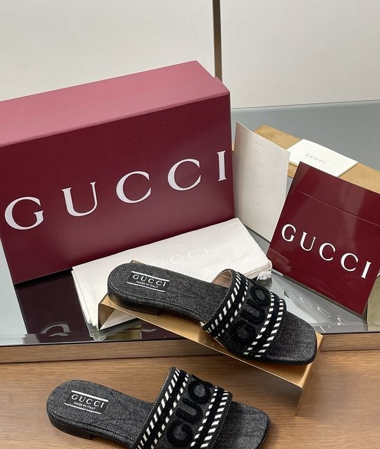 Gucci Embroidered Denim Open Toe Casual Flat Slides