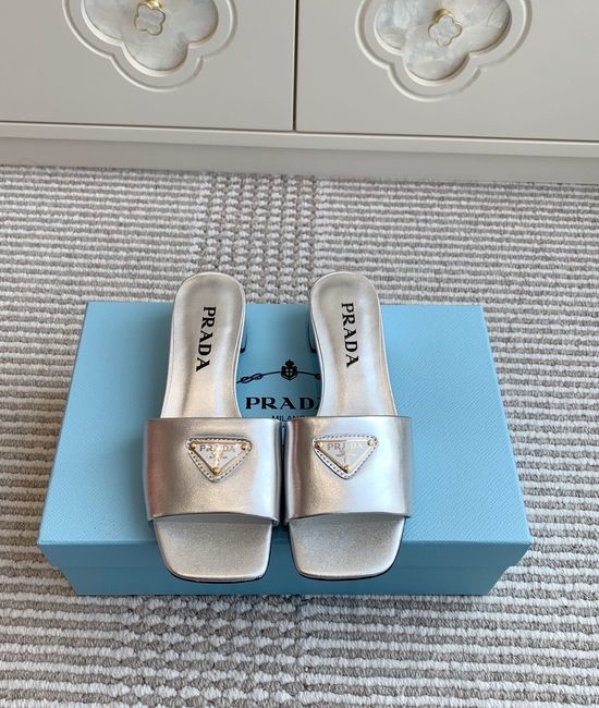 Prada Square Toe Chunky Heel Slide Sandals Premium Leather