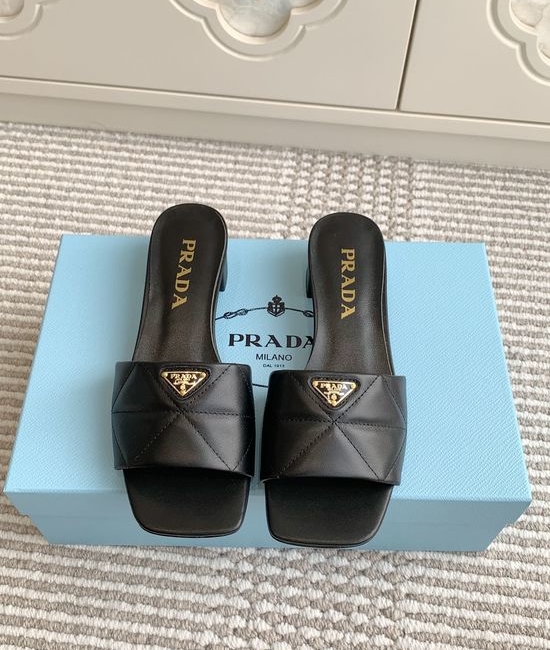 Prada Square Toe Chunky Heel Slide Sandals Premium Leather