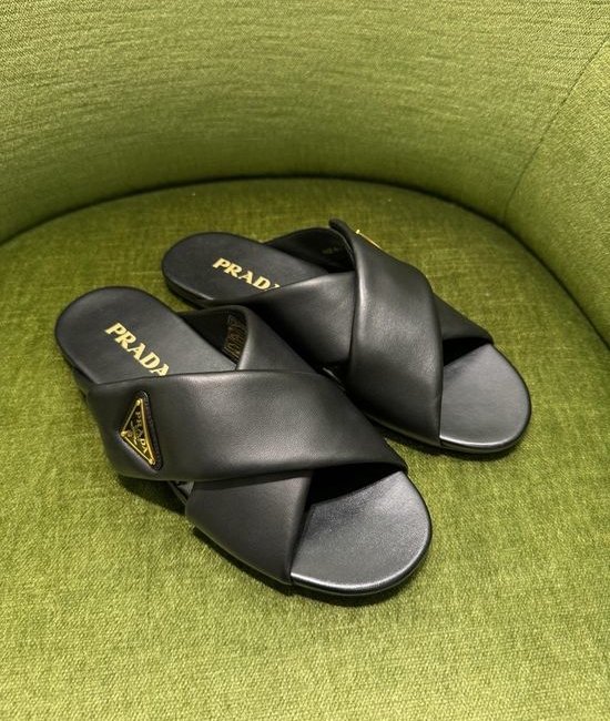 Prada Cross Strap Flat Slides Premium Sheepskin Upper