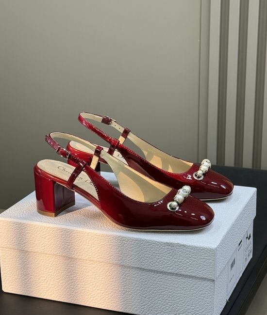 Christian Dior CD Patent Leather Pearl Block Heel Slingback Shoes
