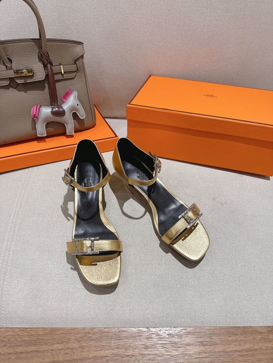 Hermes Classic Buckle Decor Leather High Heel Sandals