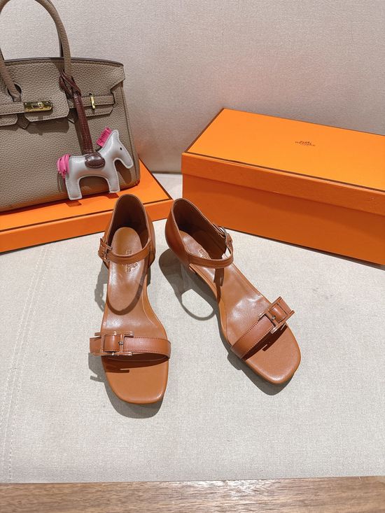 Hermes Classic Buckle Decor Leather High Heel Sandals