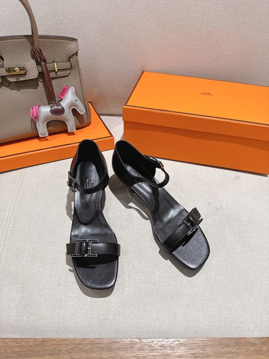 Hermes Classic Buckle Decor Leather High Heel Sandals