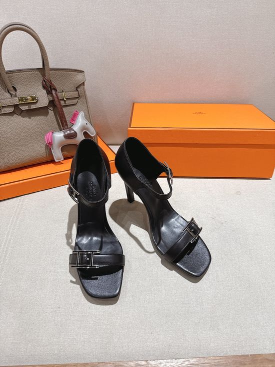 Hermes Elegant High Heel Sandals with Decorative Buckle Detail