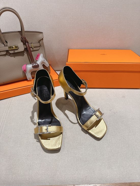Hermes Elegant High Heel Sandals with Decorative Buckle Detail