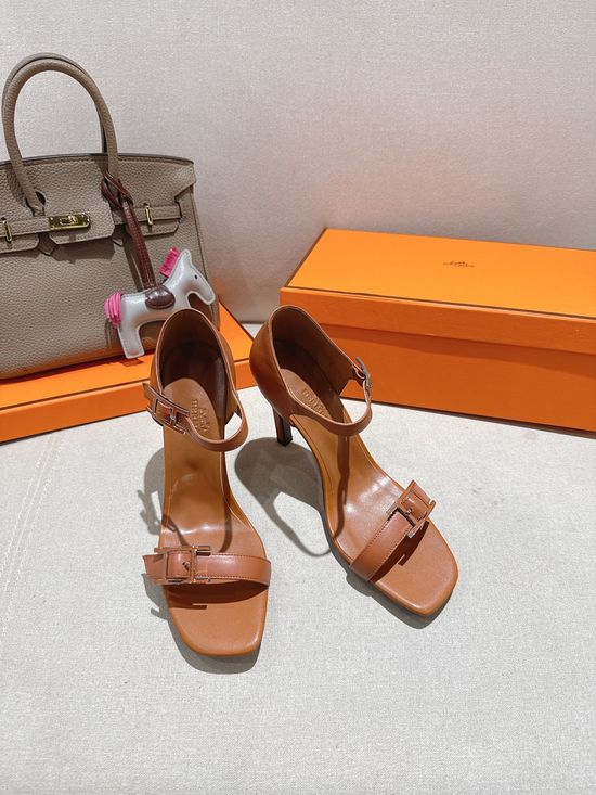 Hermes Elegant High Heel Sandals with Decorative Buckle Detail