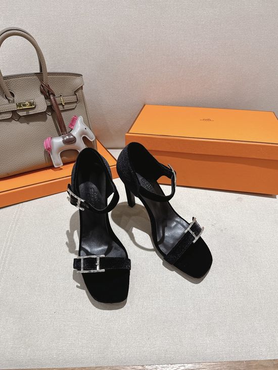 Hermes Elegant High Heel Sandals with Decorative Buckle Detail