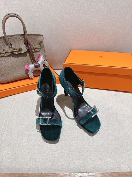 Hermes Elegant High Heel Sandals with Decorative Buckle Detail