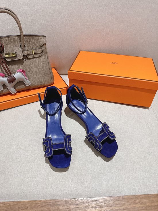 Hermes Square Toe Rhinestone Low Heel Comfortable Dress Sandals