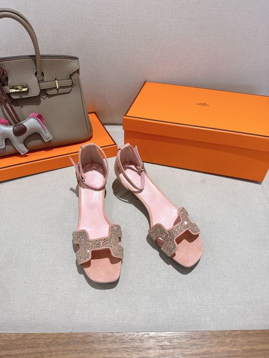 Hermes Square Toe Rhinestone Low Heel Comfortable Dress Sandals