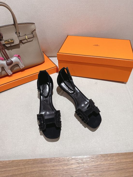 Hermes Square Toe Rhinestone Low Heel Comfortable Dress Sandals