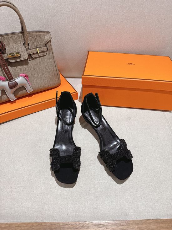 Hermes Square Toe Rhinestone Low Heel Comfortable Dress Sandals
