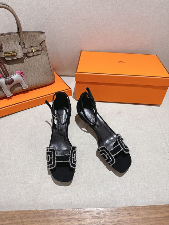 Hermes Square Toe Rhinestone Low Heel Comfortable Dress Sandals