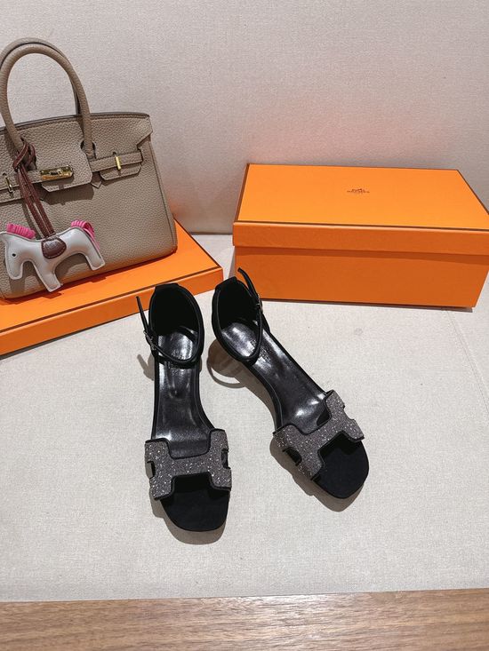 Hermes Square Toe Rhinestone Low Heel Comfortable Dress Sandals