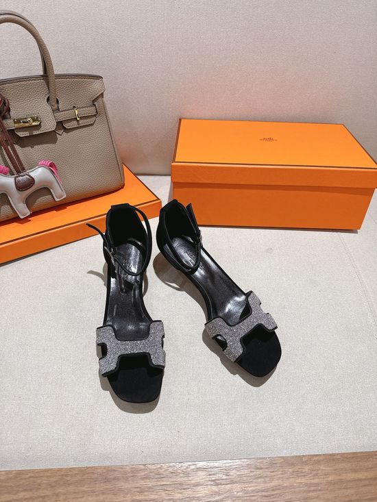Hermes Square Toe Rhinestone Low Heel Comfortable Dress Sandals