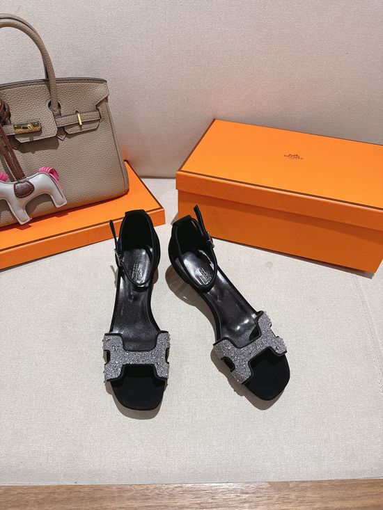Hermes Square Toe Rhinestone Low Heel Comfortable Dress Sandals