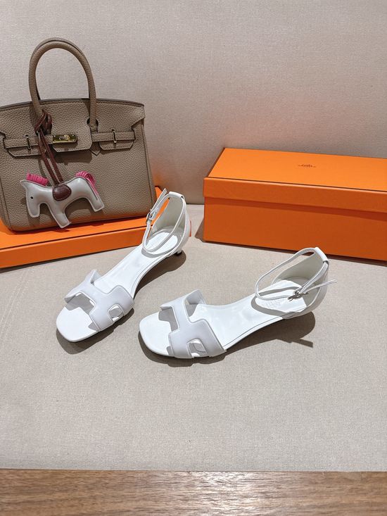 Hermes Square Toe Leather High Heel Comfortable Sandals