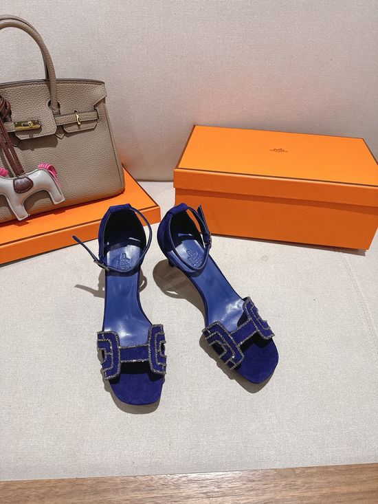 Hermes Square Toe Rhinestone Block Heel Comfortable Dress Sandals