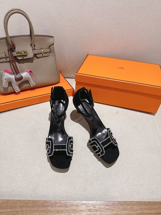 Hermes Square Toe Rhinestone Block Heel Comfortable Dress Sandals