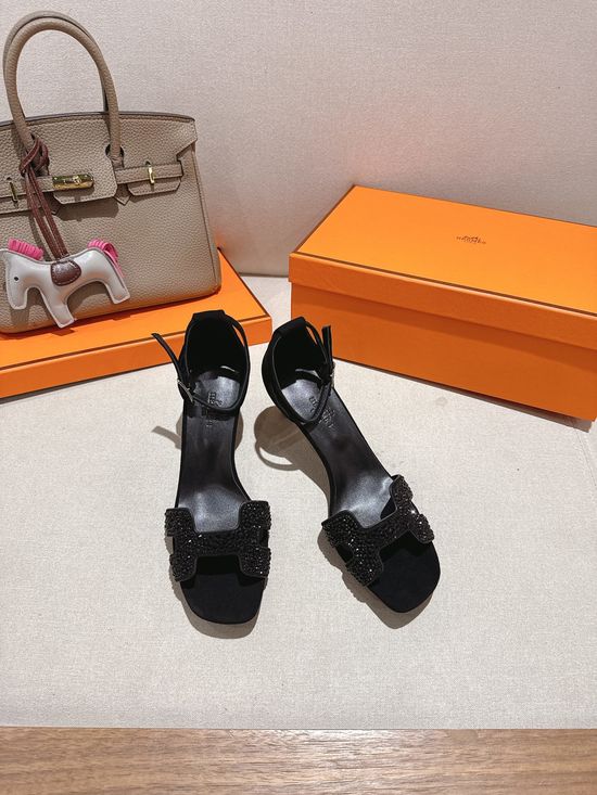 Hermes Square Toe Rhinestone Block Heel Comfortable Dress Sandals