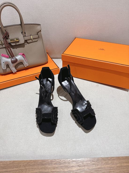 Hermes Square Toe Rhinestone Block Heel Comfortable Dress Sandals