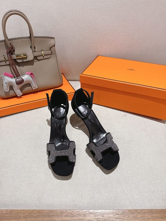 Hermes Square Toe Rhinestone Block Heel Comfortable Dress Sandals
