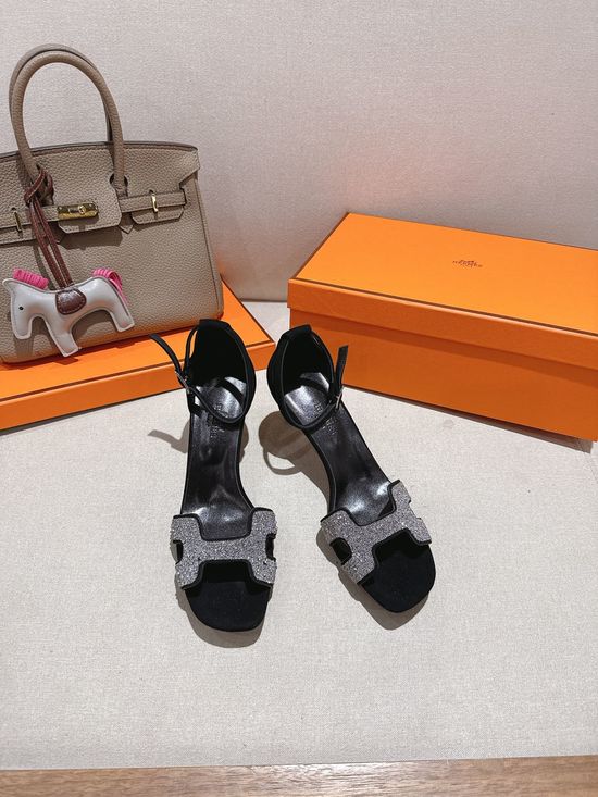 Hermes Square Toe Rhinestone Block Heel Comfortable Dress Sandals