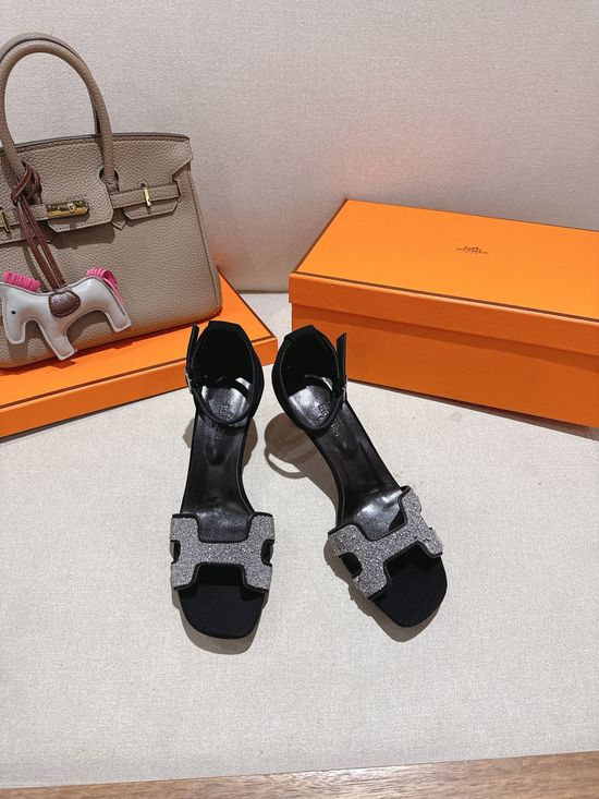 Hermes Square Toe Rhinestone Block Heel Comfortable Dress Sandals