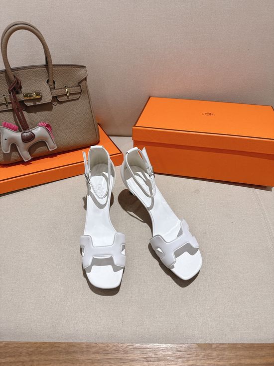 Hermes Square Toe Leather Block Heel Comfortable Dress Sandals