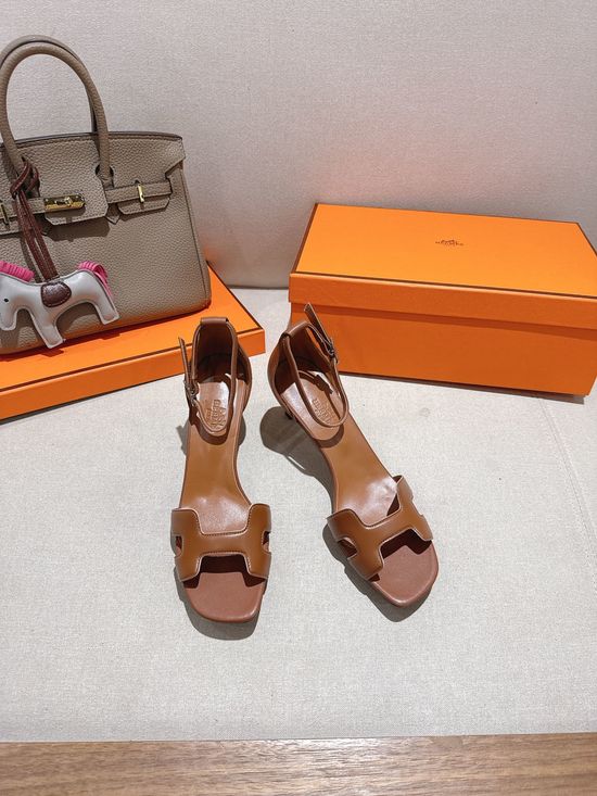 Hermes Square Toe Leather Block Heel Comfortable Dress Sandals