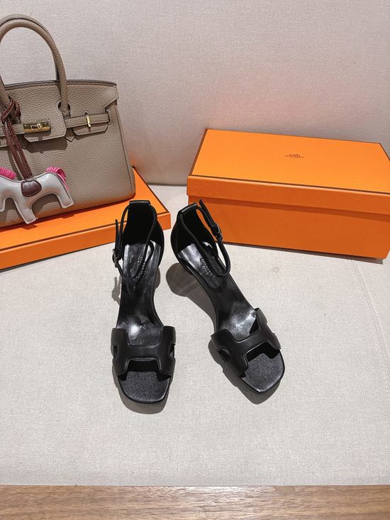 Hermes Square Toe Leather Block Heel Comfortable Dress Sandals