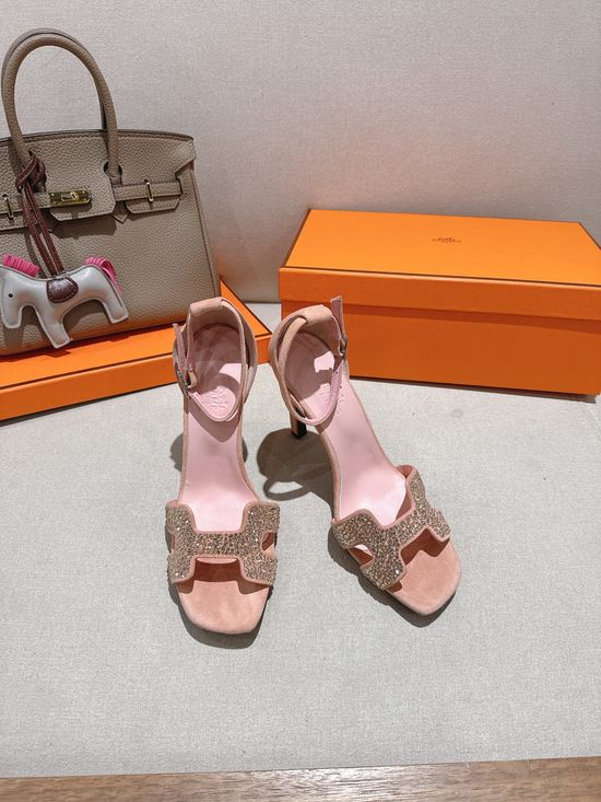 Hermes Square Toe Rhinestone High Heel Elegant Sandals