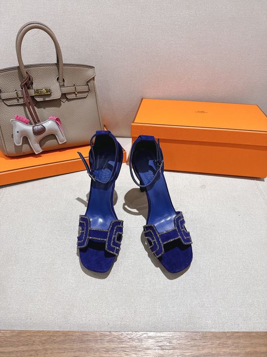 Hermes Square Toe Rhinestone High Heel Elegant Sandals