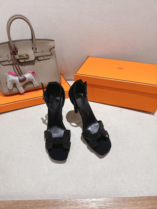 Hermes Square Toe Rhinestone High Heel Elegant Sandals