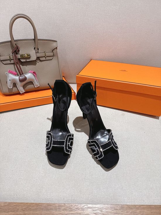 Hermes Square Toe Rhinestone High Heel Elegant Sandals