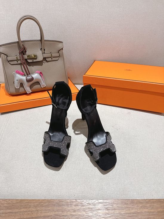 Hermes Square Toe Rhinestone High Heel Elegant Sandals