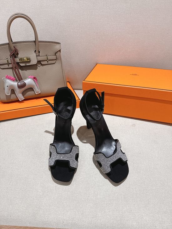 Hermes Square Toe Rhinestone High Heel Elegant Sandals